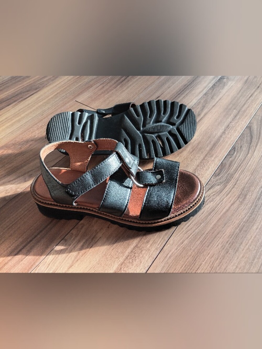 Kids Black and Brown Leather Sandals